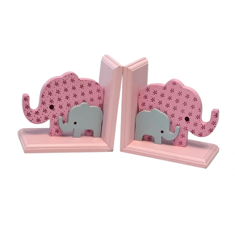 Pink and Gray Elephant Floral Wooden Bookends for Kids Nursery - Picture 1 of 7